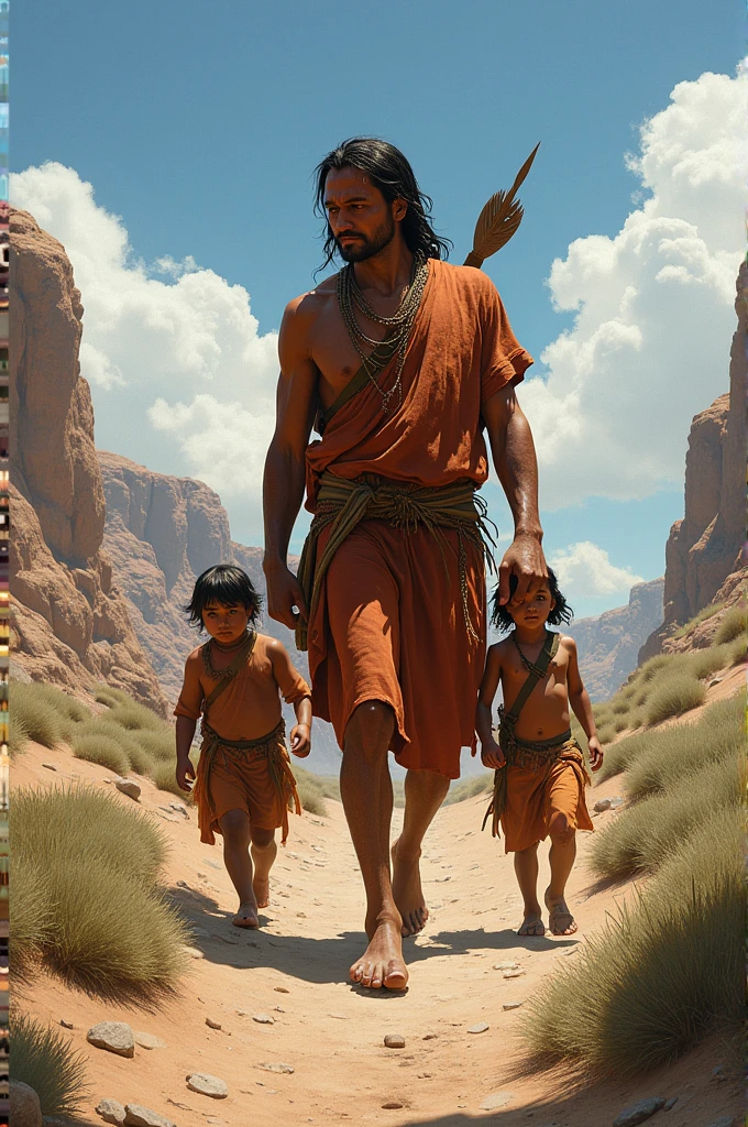 Make me a Guarani wedge escaping with his children with his typical attire, the tipoy of the Chaco War between Bolivia and Paraguay for the northern Chaco.