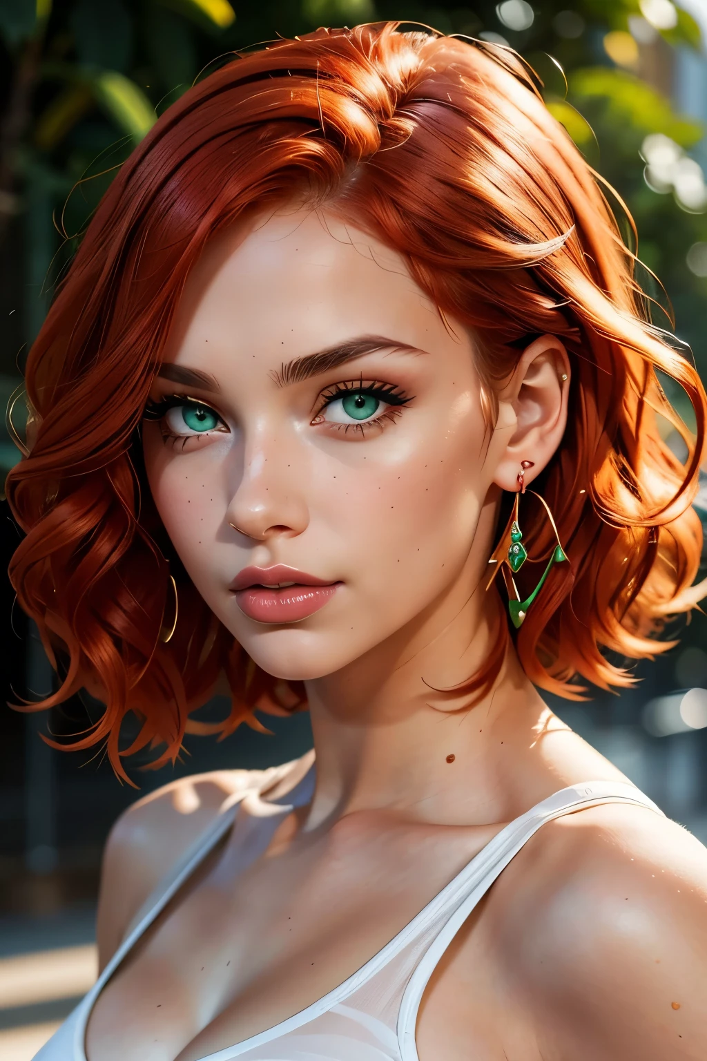 The face of a young woman, green eyes, red curls, nose piercing, ear rings, full lips, index finger in front of the lips, sexy Blick, detailed face, realistic, datailed lips
