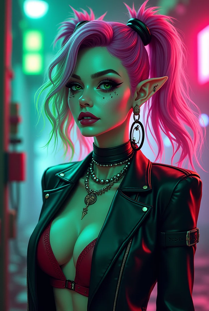 Un personnage dans le style d'hazbin hotel avec les critères suivants, punk, vert fluo, mauve fluo, peau verte menthe, oreilles d'elfes, personnage féminin, hazbin hotel