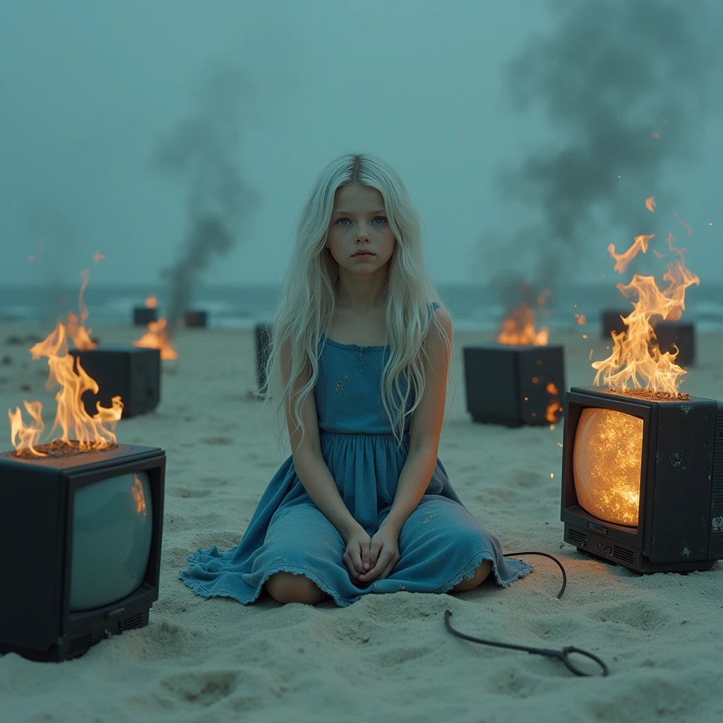 A girl with long white hair wearing a blue dress as if it were half torn,She will be sitting on the sand of a beach ,On the sand there will be several old TVs on fire,I want the image to give off a sad vibe