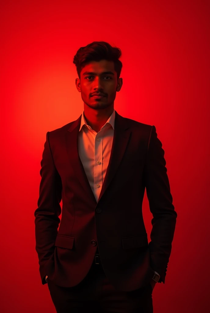 21 year old indian boy With fair skin and skinny 
body Posing for a linkedin picture in formals coat and red light in background

