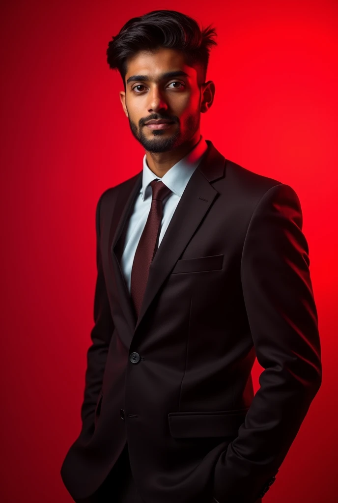 21 year old indian boy With fair skin and skinny
body Posing for a linkedin picture in formals coat and red light in background