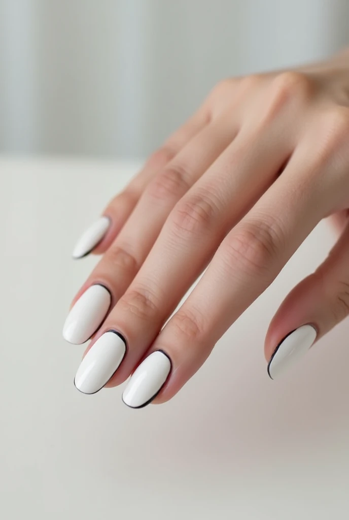 White Gel Nails, 1cm Long, Squoval, decentered black decorative lacquer edging 