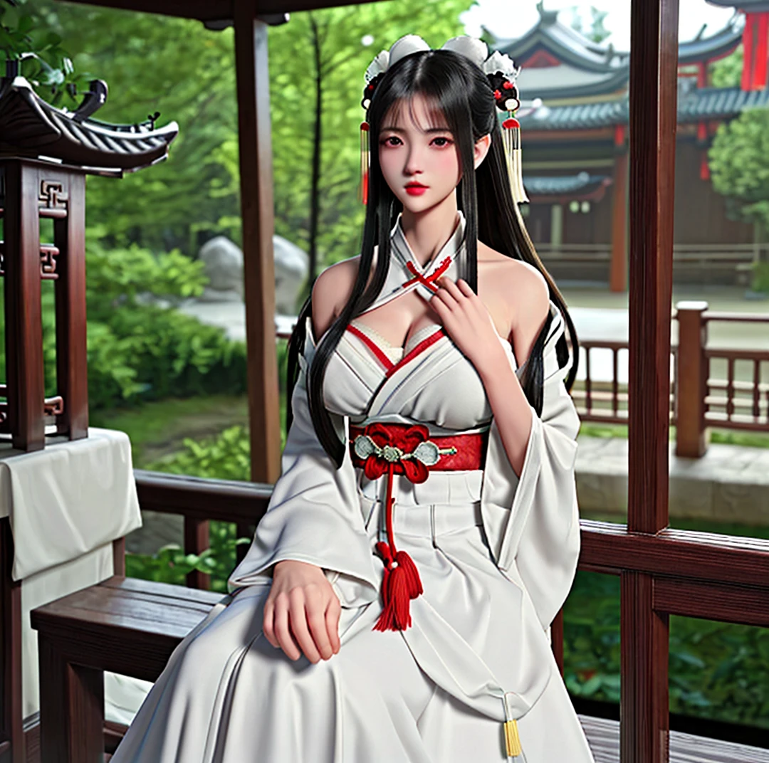 Big Breasts，Increase bust size，full，tight skirt，Close to chest，long hair，Like fairlike，Dew half milk，shoulderless dress，White and red clothes，Chinese girl，Chinese Han Dynasty period clothing， Hanfu，Strapless，