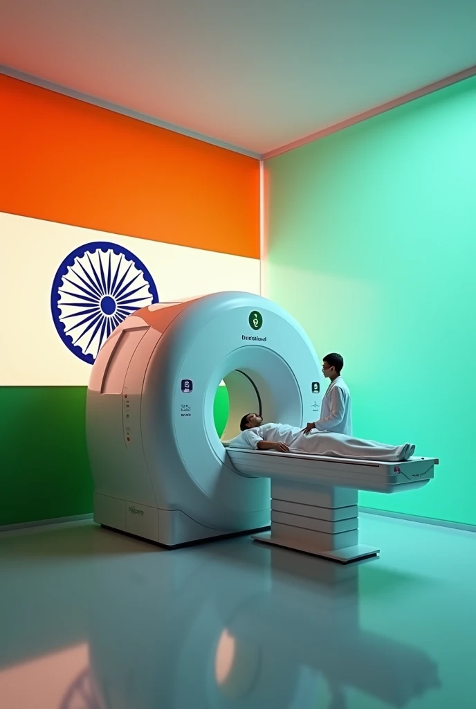 A MRI machine with technician and background decorated with India flag colour 