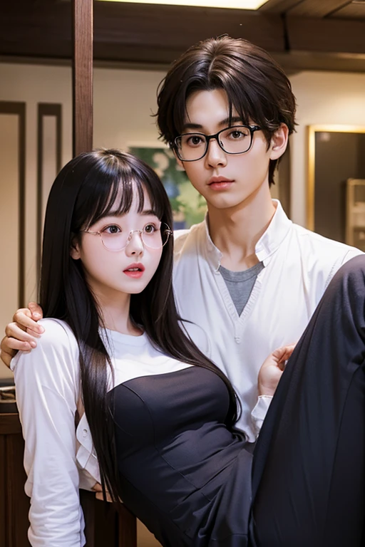 Highest quality、masterpiece、High sensitivity、High resolution、Detailed Description、Slender women、Glasses、The man is carrying the woman.、Lift with both hands、