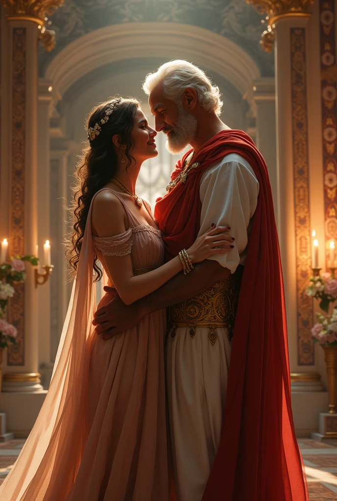 A roman femboy getting married with an old roman in a rome palace