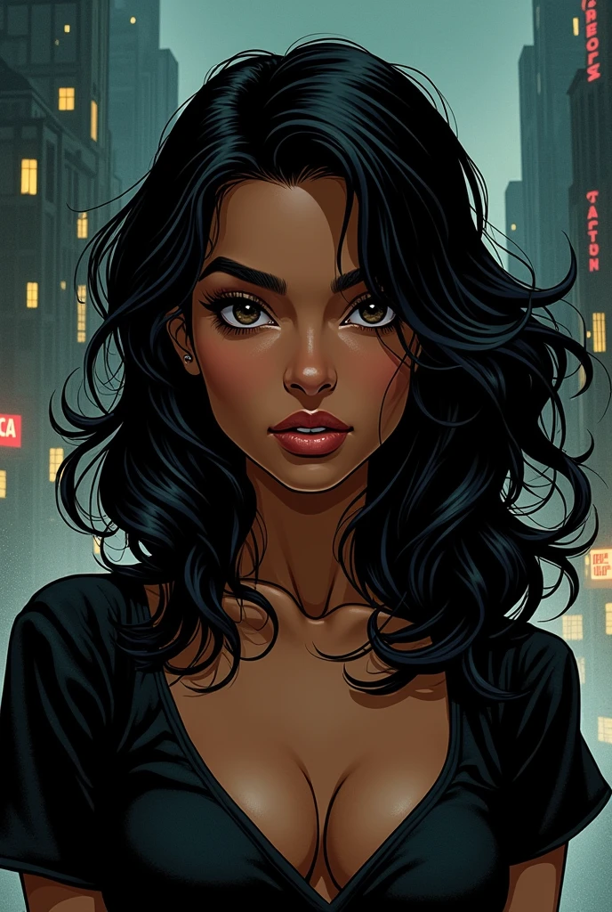 make a brown skinned girl, black curly hair and shoulder length, big dark brown eyes, big mouth, pronounced cheekbones and a slightly large nose, make the image with DC comics lines and put a Gotham City scene in the background