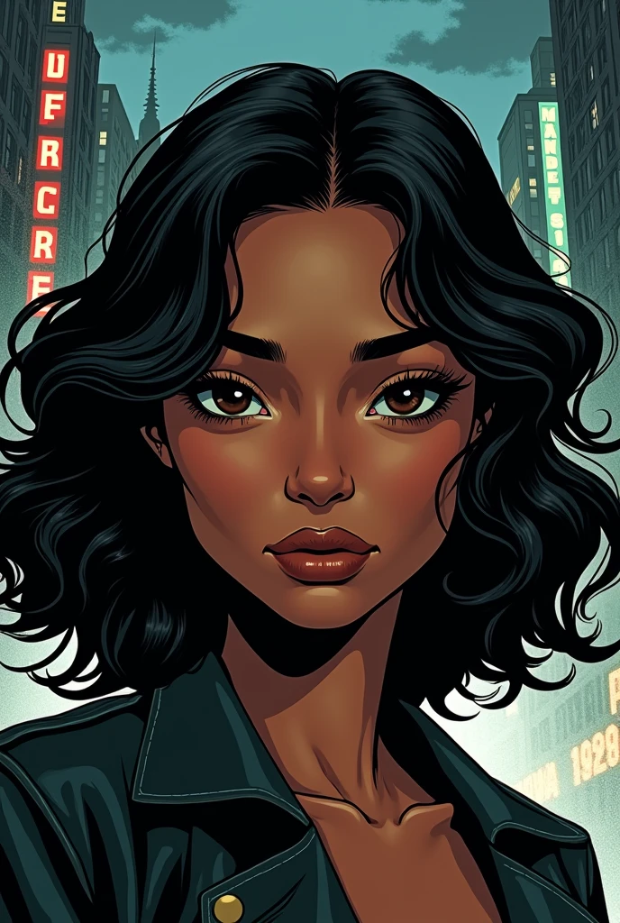make a brown skinned girl, black curly hair and shoulder length, big dark brown eyes, big mouth, pronounced cheekbones and a slightly large nose, make the image with DC comics lines and put a Gotham City scene in the background