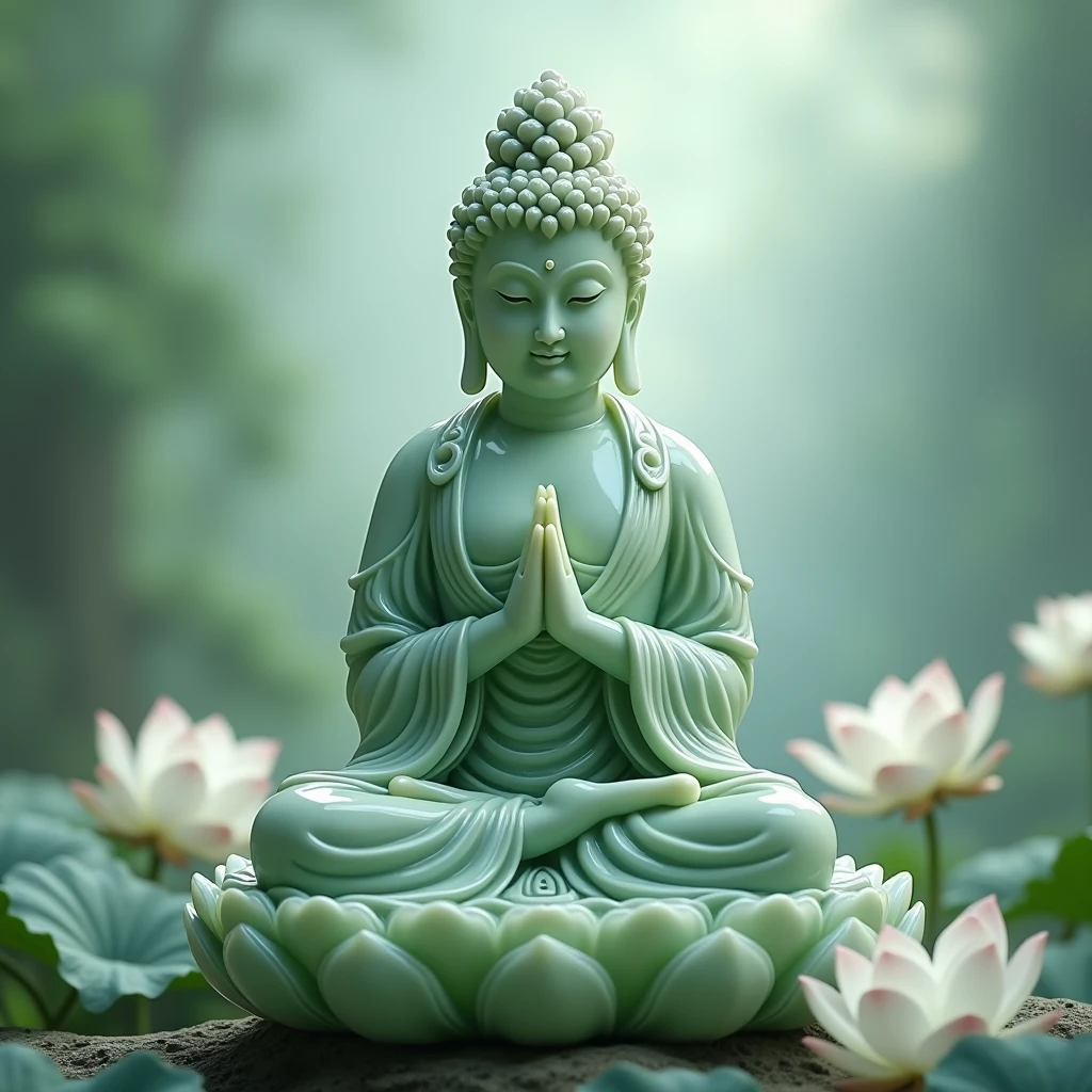 Tara : - A jade statue of Avalokiteshvara with a calm appearance, often depicted with a gentle smile. She can be depicted sitting on a lotus or throne, surrounded by lotus flowers, with a soft green or blue background, symbolizing compassion and protection. In dall e-3 style