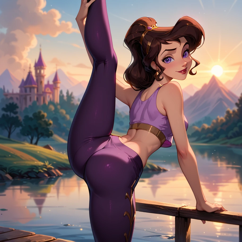 score_9, score_8_up, score_7_up, score_6_up, cinematic film still, solo, on her own, 1girl (Disney's Megara, m_ra, brown hair, purple eyes, ponyail:1.3), lake bled background, stretching exercises, wearing (tight purple butt scrunch gym leggings and crop top:1.4), subtle smile, (cinematic lighting:1.2),, (sunset:1.2), shallow depth of field, vignette, highly detailed, high budget, bokeh, cinemascope, moody, epic, gorgeous, film grain, grainy.