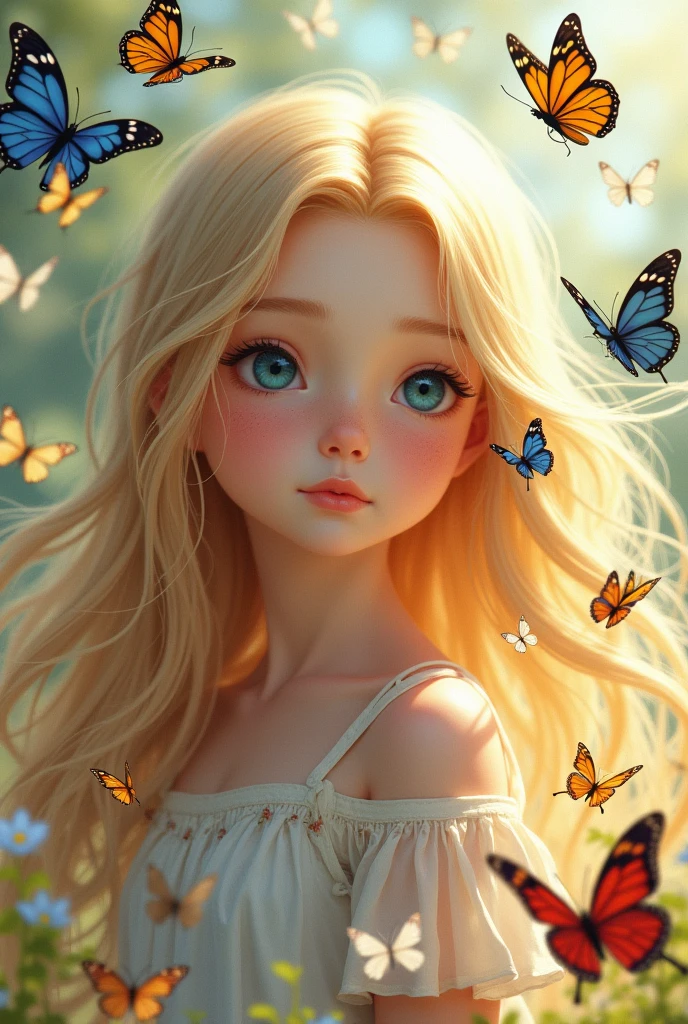 1CHILD GIRL, retrato , (BUTTERFLY ON HEAD IN BLONDE BRAIDS ), olhos vermelhos brilhantes.