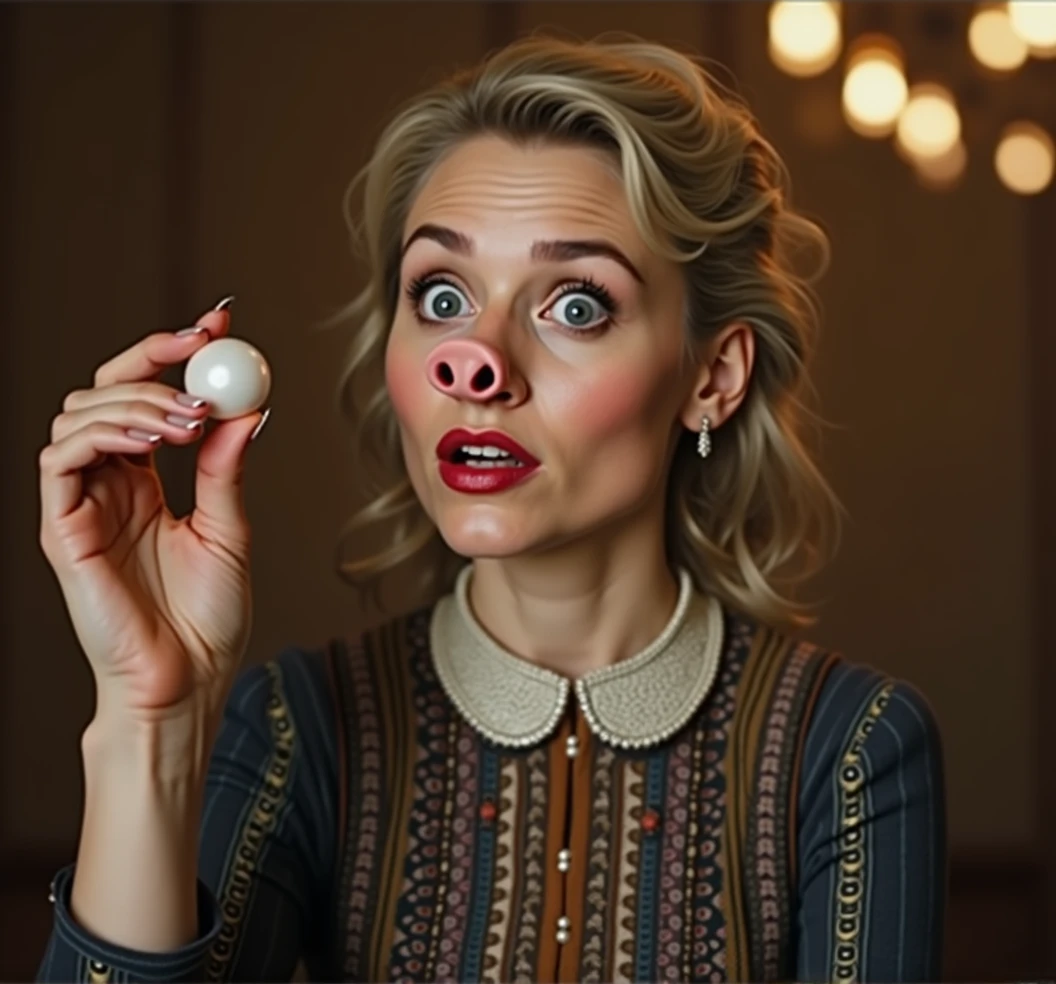 beautiful woman holding a small white pearl in her hand, pig snout on face, big snout, shocked expression, eyes wide