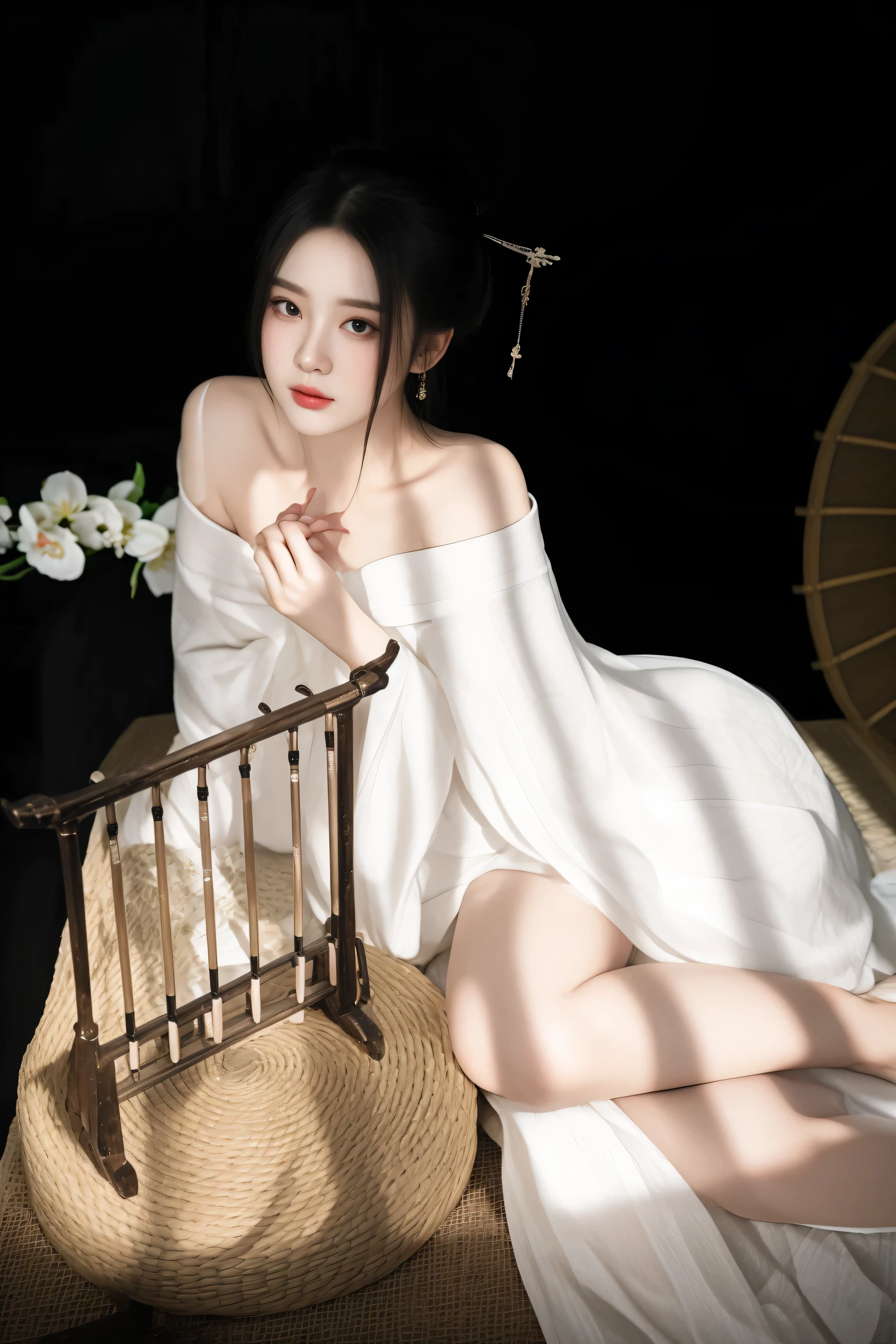 there is a woman in a white dress sitting on a chair, white hanfu, palace ， a girl in hanfu, traditional beauty, wearing white silk robe, with acient chinese clothes, gorgeous chinese model, pale milky white porcelain skin, hanfu, flowing white robes, milky white skin, 中 元 节, elegant lady with alabaster skin