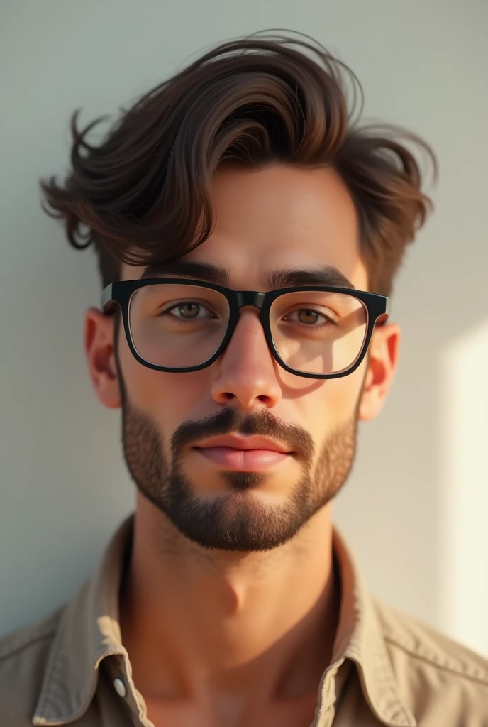 Generate a person with glasses, a little beard, a bit stocky, tanned skin, young