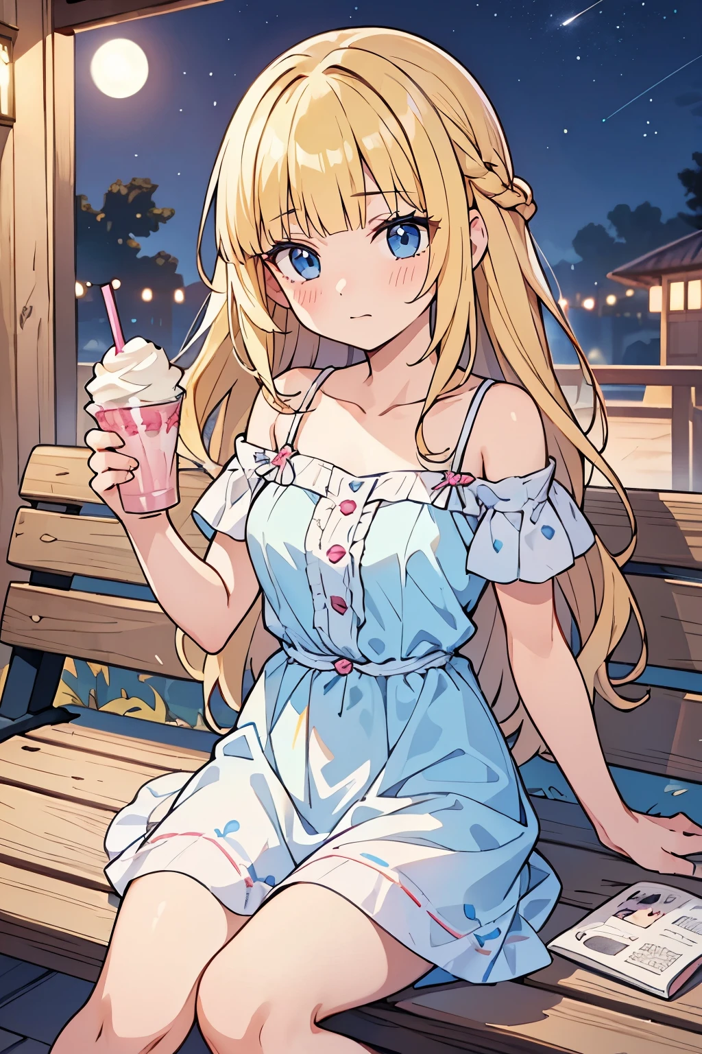 masterpiece, solo girl, (young female body:1.4), (medium small breasts), cowboy shot, flustered, yellow golden hair, extra gold long hair, thick wavy hair, hime cut, blunt bangs, crystal blue eyes, light blue detailed eyes, light pink sundress, short sleeves sundress, flowy pink dress, extra long skirt, exposed collarbones, sitting on a bench, night time summer festival, night festival, girl on a date, cute pink long sun dress, misa hairstyle , milkshake 