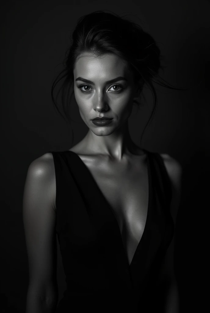 woman bathed in soft light, leaning against a wall, looking into the camera in a moment of raw emotion. Her attire is minimal, accentuating her beauty with the dramatic shadows cast by the lighting. The background is stark, with sharp contrasts highlighting the contours of her form. The blue and black palette intensifies the mood, evoking a sense of mystery and allure. Subtle film grain and meticulous shading add depth and texture, emphasizing the emotional gravity of the scene. The lighting creates a chiaroscuro effect, accentuating her expressive pose and the intense atmosphere.