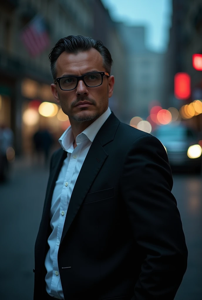 count,Male,suit,Glasses,Black jacket,city street background,hips,(Close-up:1.2),dimly lit
