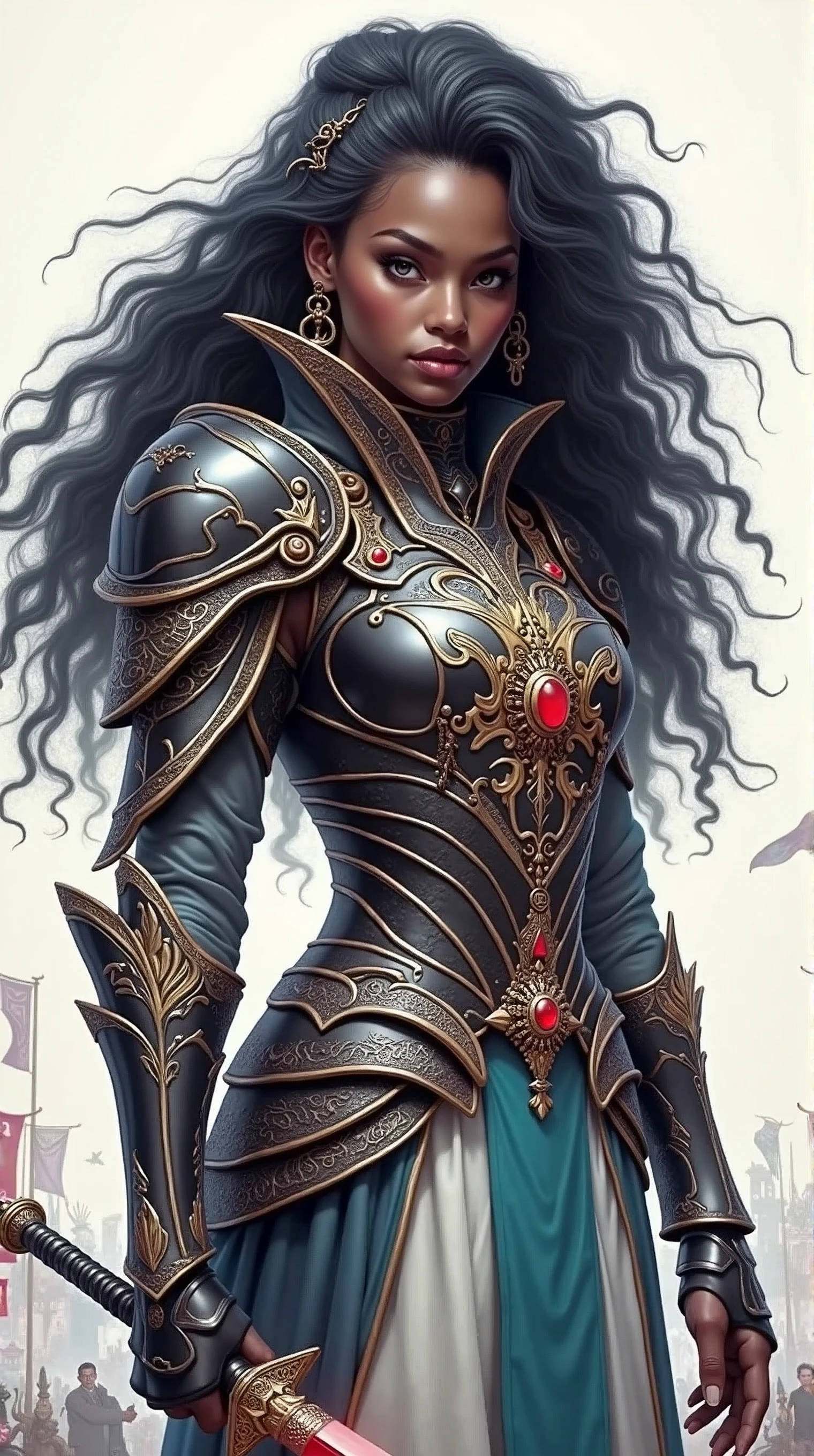 black hair, eyes black, black and gold armor , skin black, long hair, elsword , Red jewel on the sword hilt, war scenario, Surrealism, posters, Mediovale, 8k, super detail