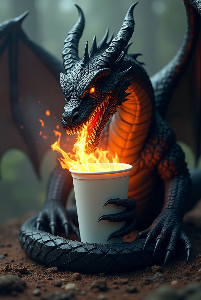 A black dragon around a disposable cup breathing fire