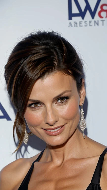 Bridget Moynahan wearing low-cut fall clothes and smiling