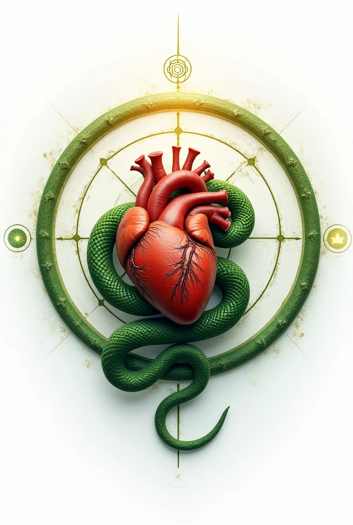 A circle with a green snake coiled around it, in the center a real human heart with a white background and the 4 elements around it..