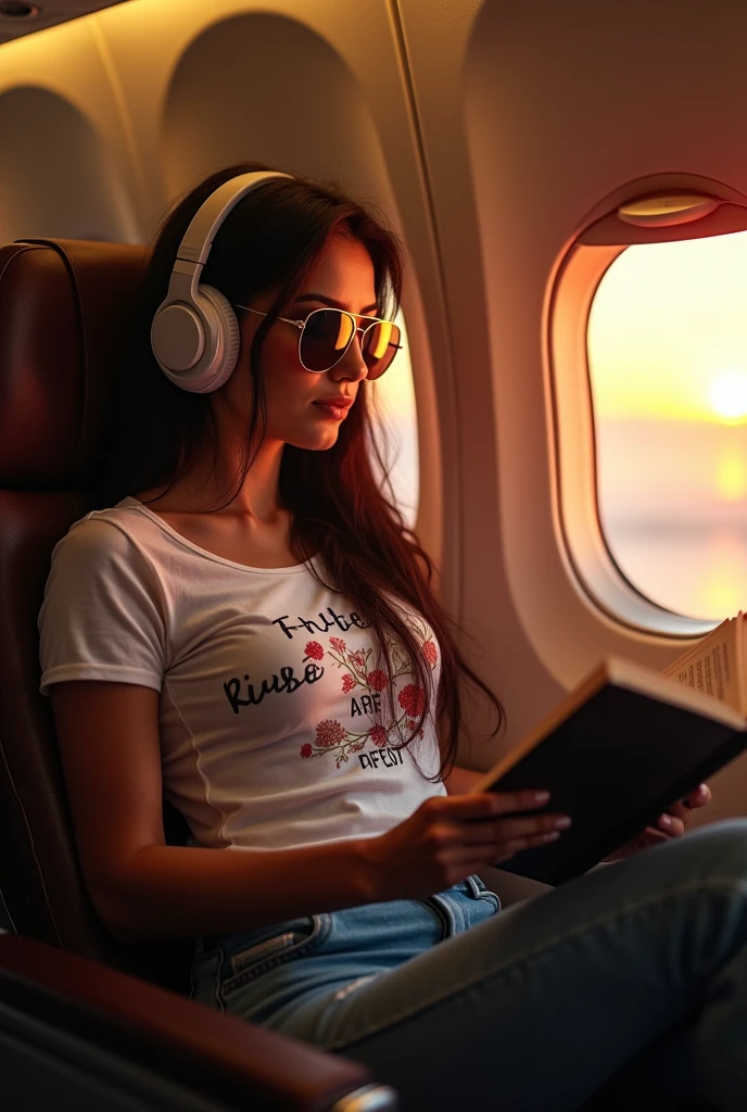 1 women, detailed, Professional lighting, Very beautiful women(curve body), long hair, wearing white printing t-shirts and jeans, sun glasses, headphones, sitting inside the plane, reading a book, sunset lights from the window