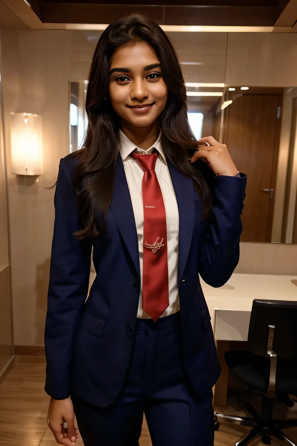 a beautiful 21 year old indian girl with long hair smiling face beautiful eyes wering official suit coat pant tie