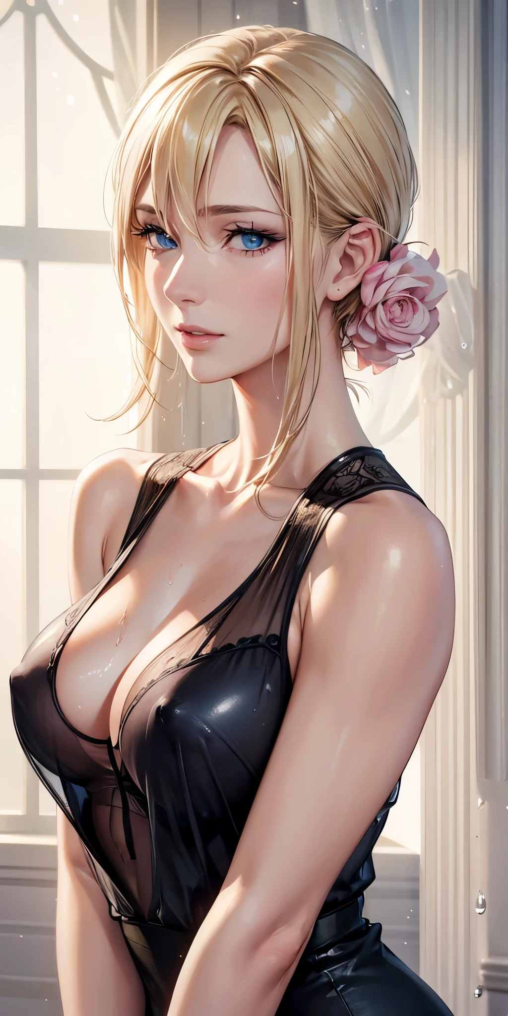 Elegant mature woman, Mature Woman, blue eyes, Blonde, Soft Light, Detailed, 4K resolution, high quality, See-through clothing,See-through nipples,Wet clothes,Pink nipples,Pink small areola,Wet and see-through white camisole