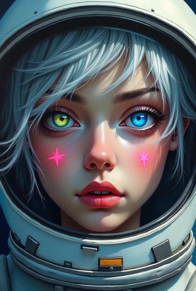 (Close-up of a better masterpiece:1.5)0.9], (Space and astronauts:1.2) (Messy silver hair:1.1) (Heterochromia xanthochromia and blue eyes:1.2) (Space Helmet:1.0) (Colored stars in the eyes:1.0) (A radiant glow:1.1) (thick lips:0.9)