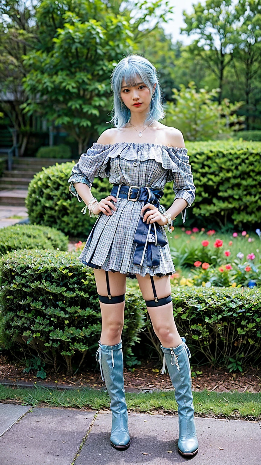 (8k、RAW Photos、Highest quality、masterpiece:1.2)、(Realistic、Realistic)、1 person、((Light blue hair、boots、Off the shoulder、garter belt、whole body、garden、Check mini skirt、garden、View from the front、Looking into the camera、Hands on your hips))、cute