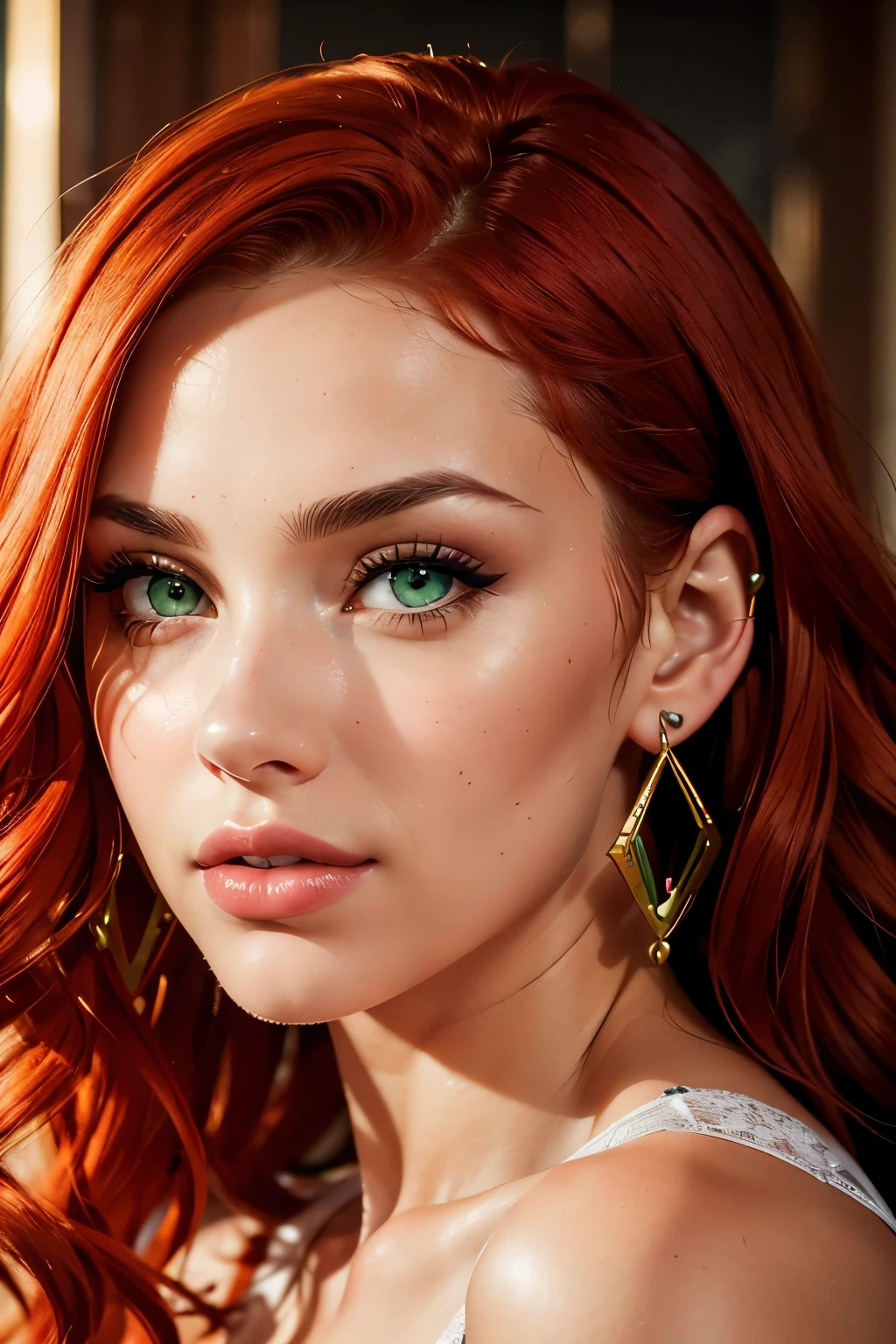 The face of a young woman, green eyes, red curls, nose piercing, ear rings, full lips, index finger in front of the lips, sexy Blick, detailed face, realistic, datailed lips