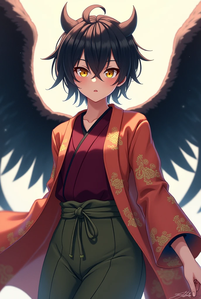 Anime Japanese person, wearing a kimono, with yellow eyes, black hair, wings on their back, a maroon shirt and olive green pants.