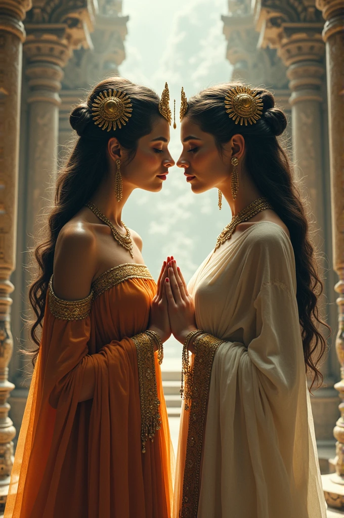 Two ancient princesses hold hands and are about to kiss.