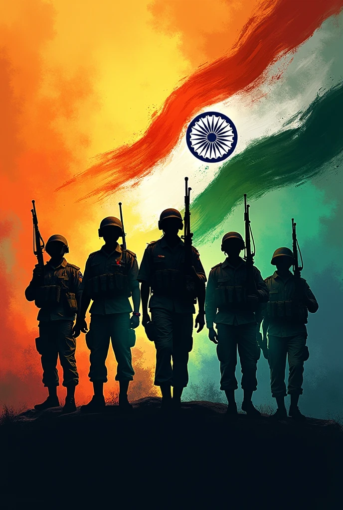 Cool graphic design poster art of indian army, indian flag elements, vibrant, courage