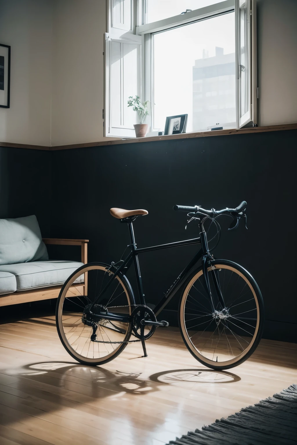 Enter a modern and elegant living room, Where the wheel-less bicycle is the centerpiece. The room is lit by soft natural light that enters through the large windows, Reflecting on the light walls and wooden floor. At the heart of the environment, The wheel-less bicycle immediately grabs attention. Made of brushed metal, With matte black finishes, It combines simplicity and sophistication.
The bicycle frame, Without wheels, Creates an intriguing and artistic silhouette. The leather saddle and pedals add a touch of authenticity, While the curved handlebars soften the design. The furniture around – a sofa with clean lines and glass side tables – complements the bike, Without competing for attention. small details, Like design books and plants, it brings life to the space.
The room is comfortable and welcoming, With soft rugs and a light breeze that sways the linen curtains. This is an environment where decoration is more than aesthetics – it is an expression of style and creativity. The wheel-less bicycle is not just a piece of art, But a conversation in motion, Transforming the ordinary into something extraordinary.
This simpler version highlights the essence of the room and the presence of the bicycle as an impactful decorative element, Keeping the description accessible and straightforward.