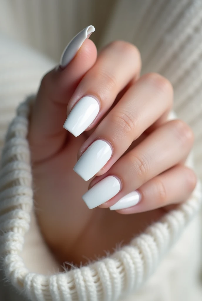 White Gel Nails, 1cm Long, Squoval, decentered black decorative lacquer edging 