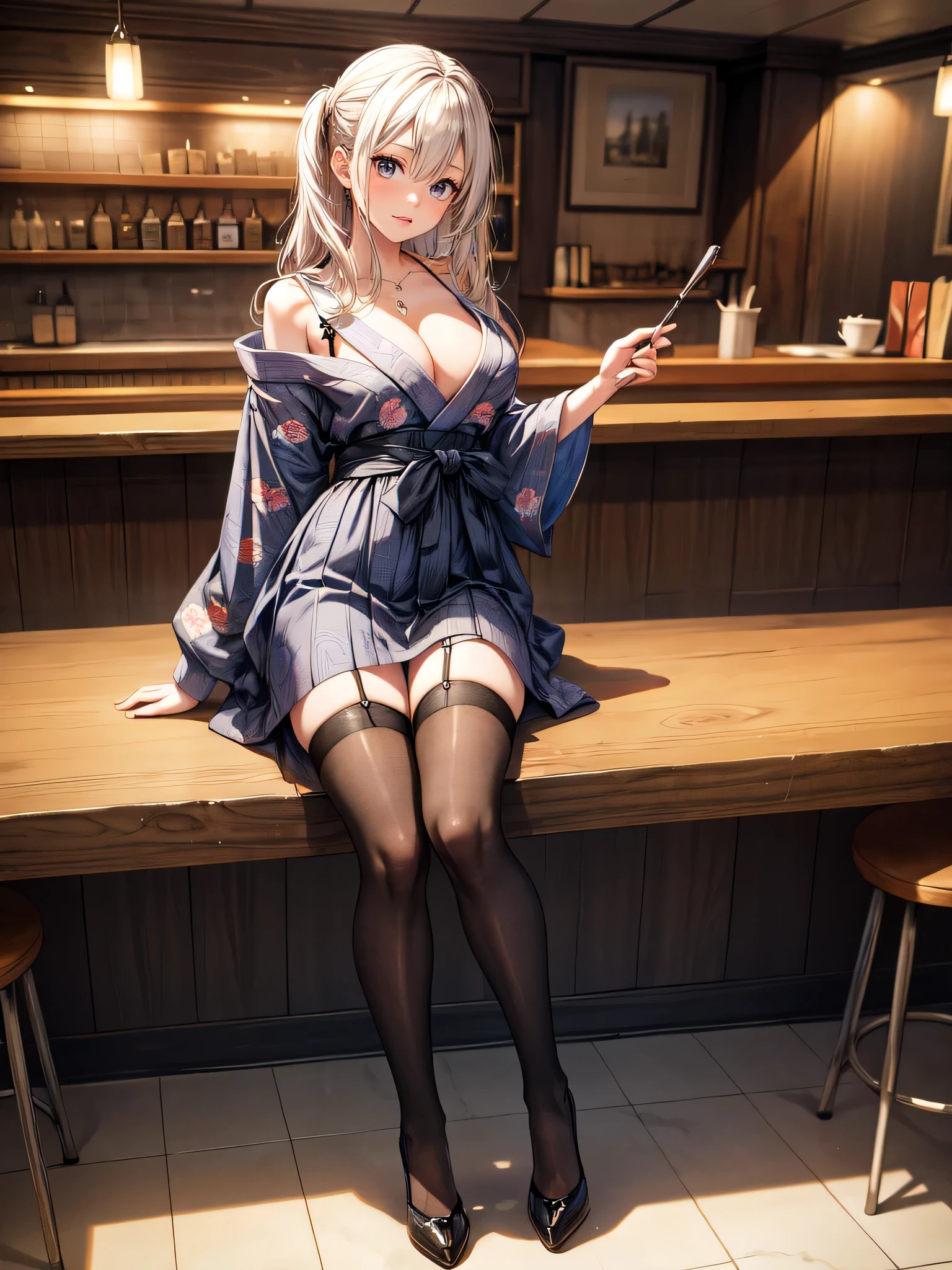 (masterpiece, best quality, highest quality, Masterpiece, 8k:1.5),((Full Body Shot,Including face)), 1girl, ((Focus on the face,Symmetrical facial features)), Beautiful woman, (Slender),((High heels,Patterned stockings with straps)), Detailed depiction of the face, Cafe clerk , bar counter, profile, yukata, Slenderな女性, medium long, Vertical Roll,