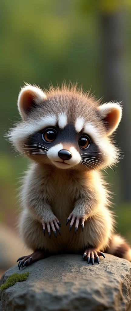 Create a close-up shot of a small, cute extra fluffy baby realistic raccoon with large, expressive eyes and a a unique spiky, textured fur. The racoon should be sitting on a rock, with a blurry background of green and brown. The image should be well-lit, with a soft, natural light that highlights the details. The overall style of the image should be whimsical and cute, with a focus on the unique features., conceptual art, 3d render, photo