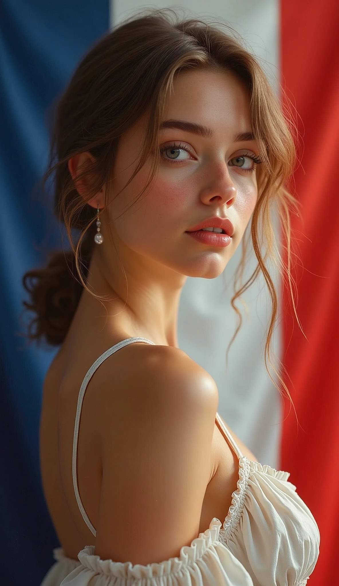 Beautiful Marianne, 18 years old、French goddess。whole body。slim、Small breasts。French flag background