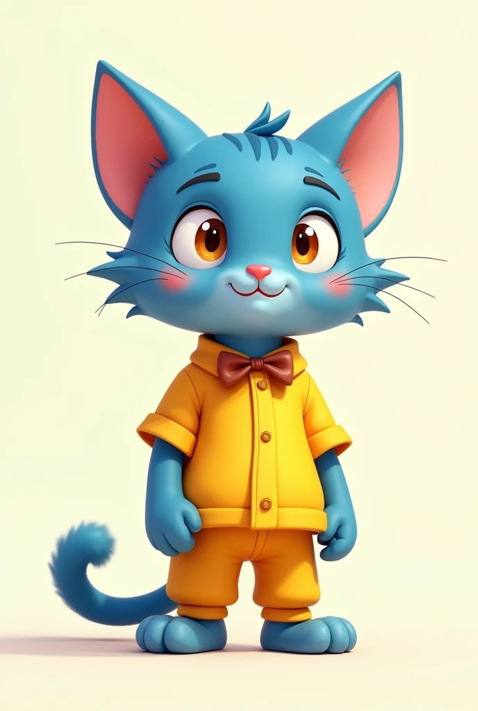 A blue cat wearing yellow clothes