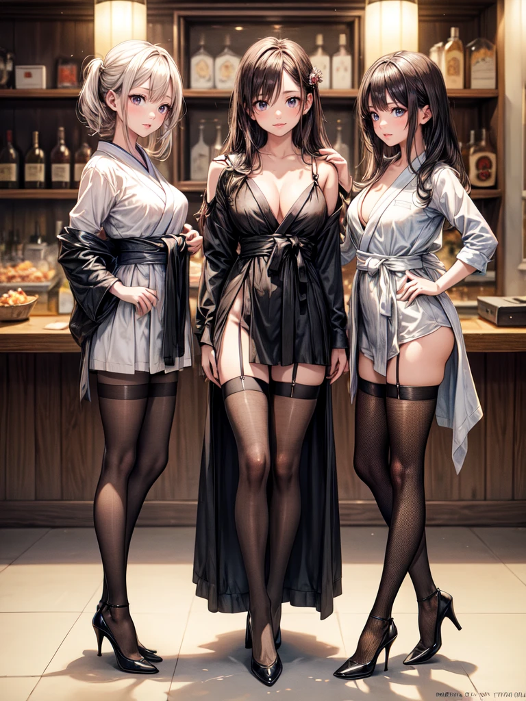 (masterpiece, best quality, highest quality, Masterpiece, 8k:1.5),((Full Body Shot,Including face)), 1girl, ((Focus on the face,Symmetrical facial features)), Beautiful woman, (slender),((High heels,Patterned stockings with straps)), Detailed depiction of the face, Cafe clerk , bar counter, profile, Yukata, slenderな女性, Medium Long, Vertical Roll,