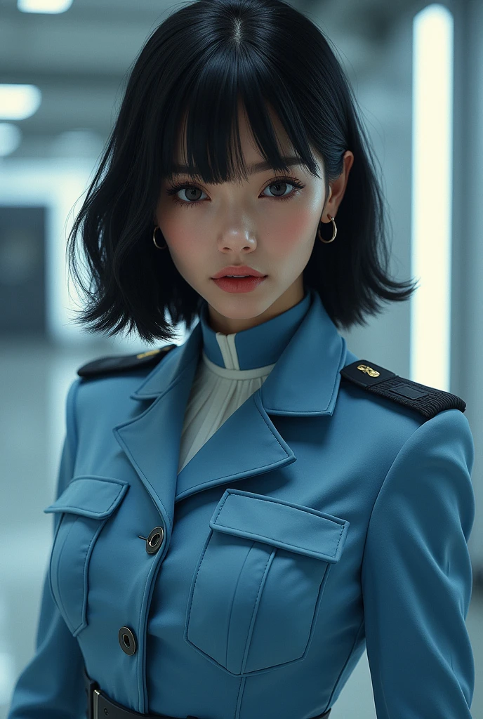 (highest resolution, distinct_image), best quality, masterpiece, highly detailed, semi realistic, a woman with black shoulder length hair, black pupils, mature, mature woman, imperial sister, sexy, short hair, triple bangs, light blue uniform, light blue uniform jacket, soldier, light blue pleated skirt, military uniform, fighter front, future, science fiction, universe