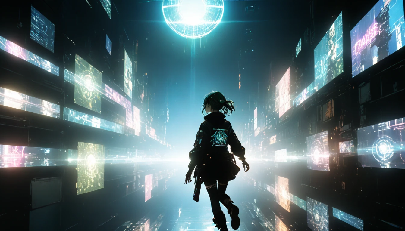 cyber punk,Female punk singer, lofi ,Run,run and jump,走ってjump,Uplifting,jump,shout,Escape,Chase after and then run away,Looking back and feeling anxious,Look back and smile,Harry Clarke style,(Ashley Wood Style:1.4), (Double exposure:1.4),Thrilling footage released,cyber punk ヴェイパーウェイヴ,Holographic Projection,(Pause,dynamic,action:1.8)