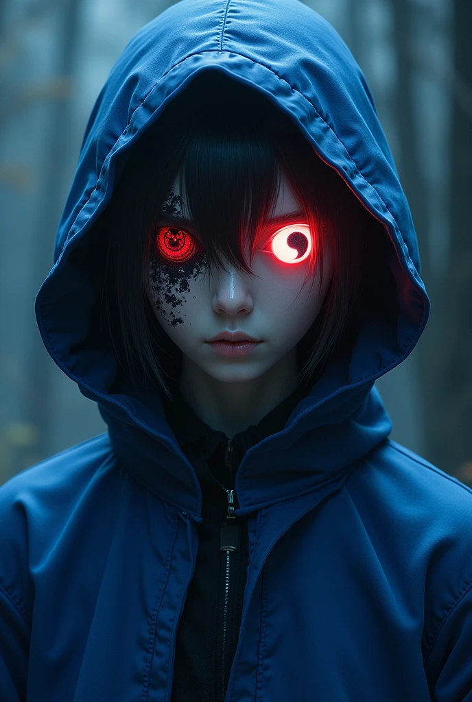 A person with one eye of sharingan and another of yin yang ☯️ , blue jacket with hoddy
