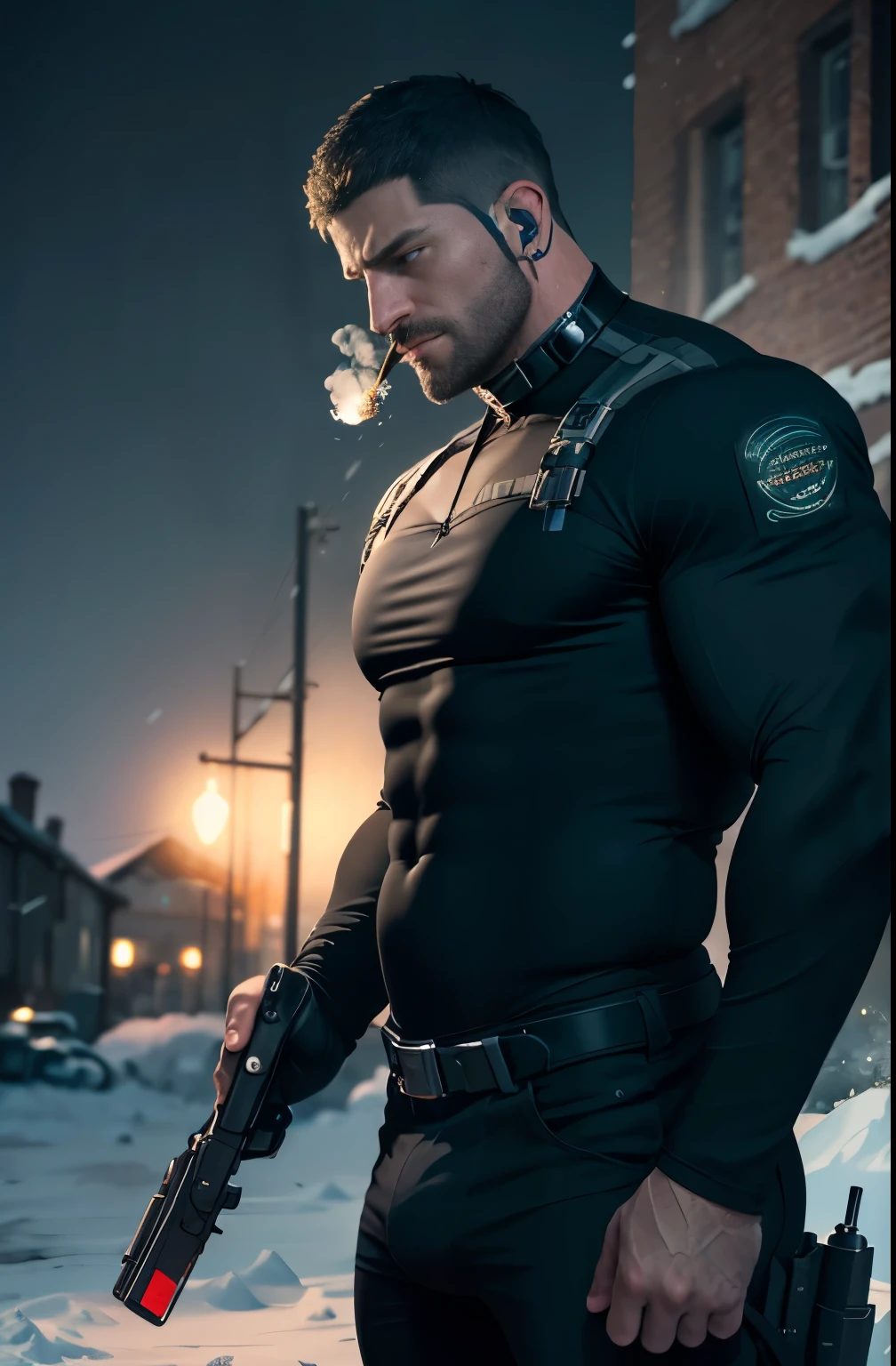 Gothic village with dark background, 《Resident Evil 8》Chris Redfield Sr, 48 years old, Muscle Man, tall and big, Biceps, Abdominal muscles, Chest, All black cool high collar shirt, Long sleeve, Black pants, Big bulge, Shoulder Holster, earpiece, belt, Thick beard, Cold Face, With a cigarette in his mouth, smokes, Video game style, high resolution:1.2, best quality, masterpiece, Night, Dark atmosphere, winter, snow, shadow, Upper body shooting