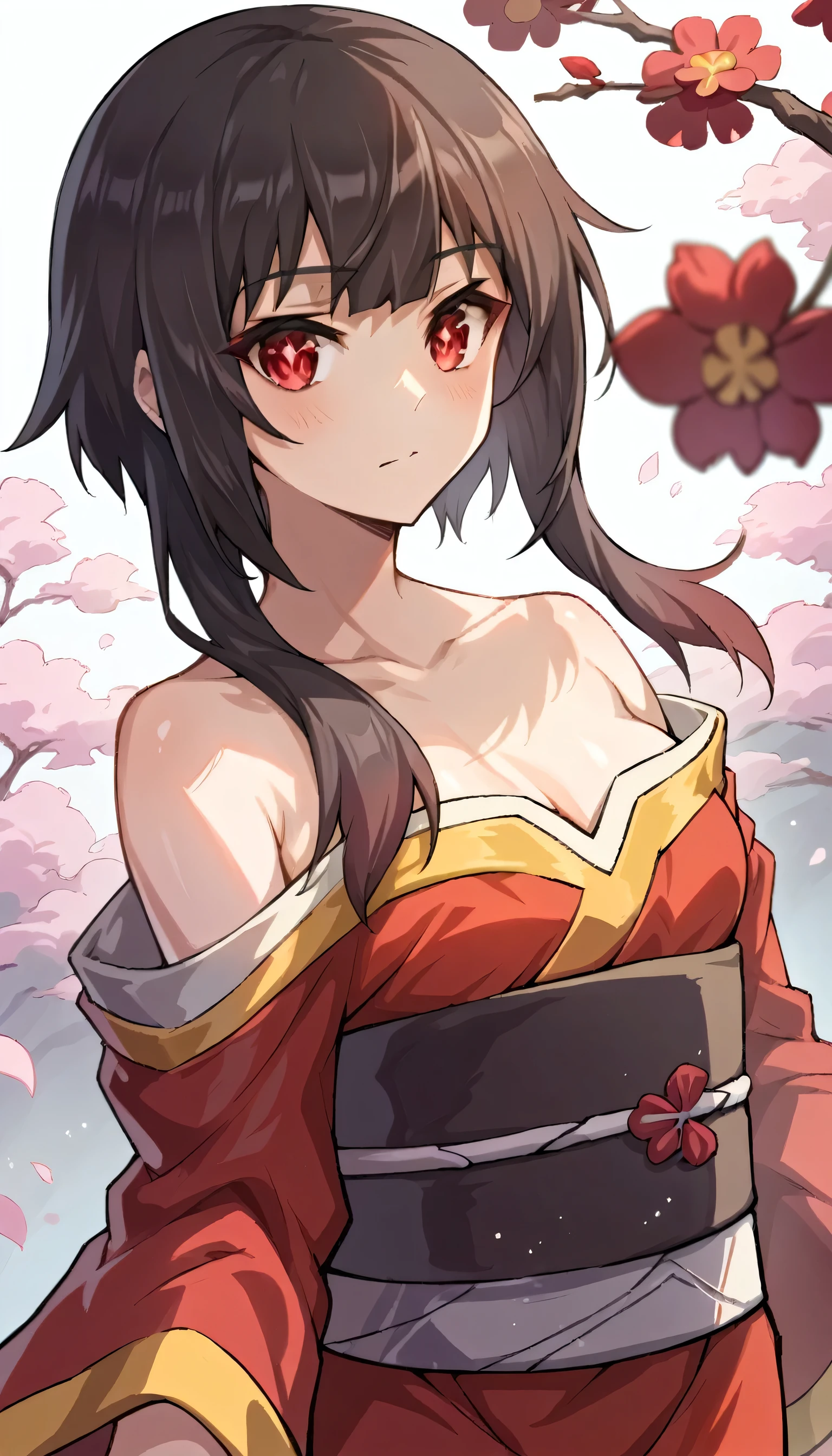 1girl, solo, japanese clothes, sash, kimono, bangs, looking at viewer, obi, gradient,megumin, short hair, black hair, red eyes, side locks, long locks