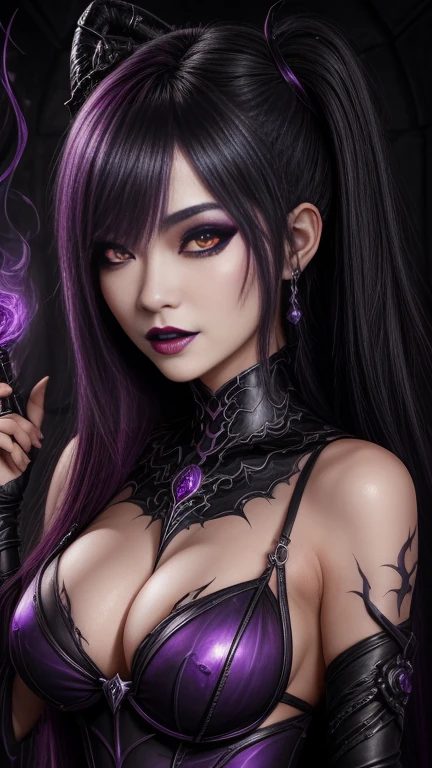 Powerful super evil woman poses in closeup, Black Goddess (Bare shoulders), length, Flowing purple hair, View your viewers, Highly detailed face, Perfect hands, Blue smoke swirling around her, Love evil things, Captivating blue eyes, Dark fantasy, Genuine, Symmetric, High detail, Esoteric arachnids lady, Spider Queen Elise, League of Legends, Esoteric arachnids, Combat Stance, ( body formed from metallic mauveine and metallic black liquid metallic paint twisting into a beautiful interpretation of the female figure), length, Sharp fangs, nature, ((Complex metallic colors in the foreground)), (( Fluid Mechanics, The most beautiful smooth scale face makeup, Smirking expression)) - Dark blood, Onyxia、Noir painting of a beautiful young witch, length purple hair, dark purple lips, evil, evil female, smile, Black Prom Dress, She is coming to you, close, Bright Blue Eyes, Surrounded by swirling pink smoke, Genuine, High detail, Highest quality、A beastly demon wields a vicious Blade, Blood Chain, Behemoth Bones, Snake-like tentacles, Cruel Teeth, Expressions of madness, Oppressive Dungeon. 8K Vision Reveals Fear, Ultra HD detail makes monsters stand out, Grotesque shadows dance, The creature whispers, Stifling atmosphere, Vision problems, Visible Madness. Blade, A flash of evil intent shines, reflect (Light) Beyond the Darkness, Elucidate (Sharp details) and、Add a dizzying dimension to the impending chaos.((Panty shot))、
((high Ponytail))