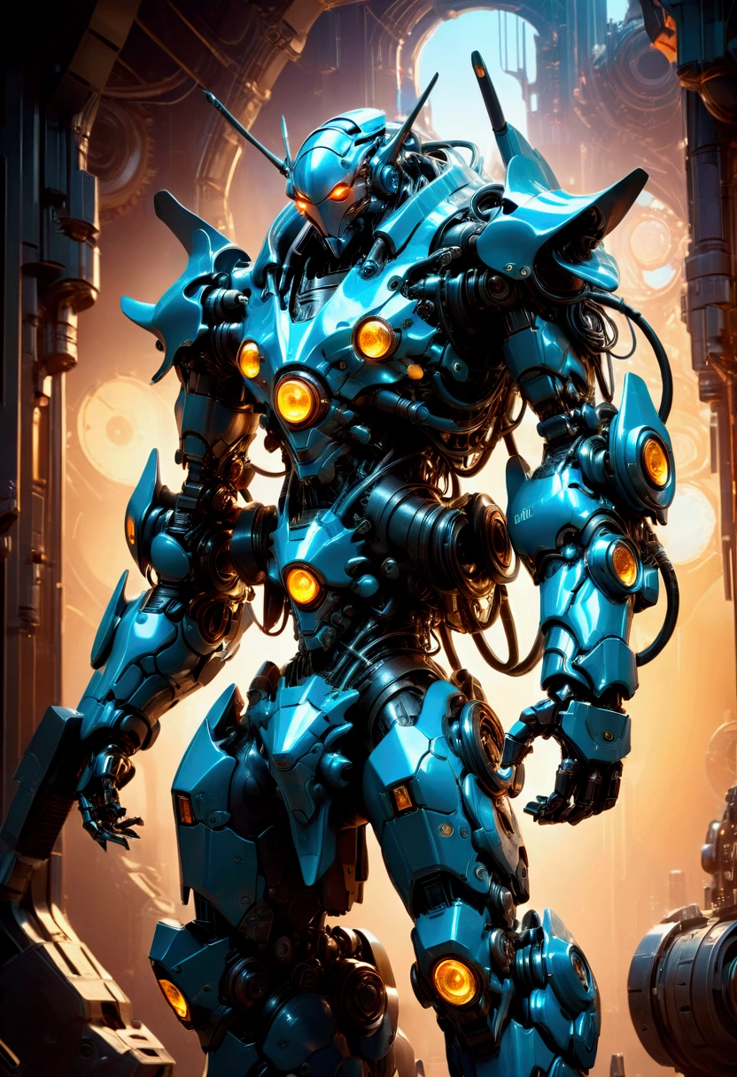 Giant Weapon, a massive futuristic mecha robot, highly detailed mechanical parts, intricate gears and pistons, glowing energy core, dramatic pose, cinematic lighting, sci-fi atmosphere, metallic sheen, depth of field, 8k, concept art style, masterpiece, best quality, very aesthetic, absurdres