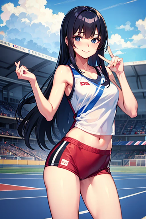 A high school girl, dressed in a jersey and long pants, with black hair and blue eyes, smiling shyly with a flushed face in the stands of the track and field stadium. She looks like an idol of the track and field club.
